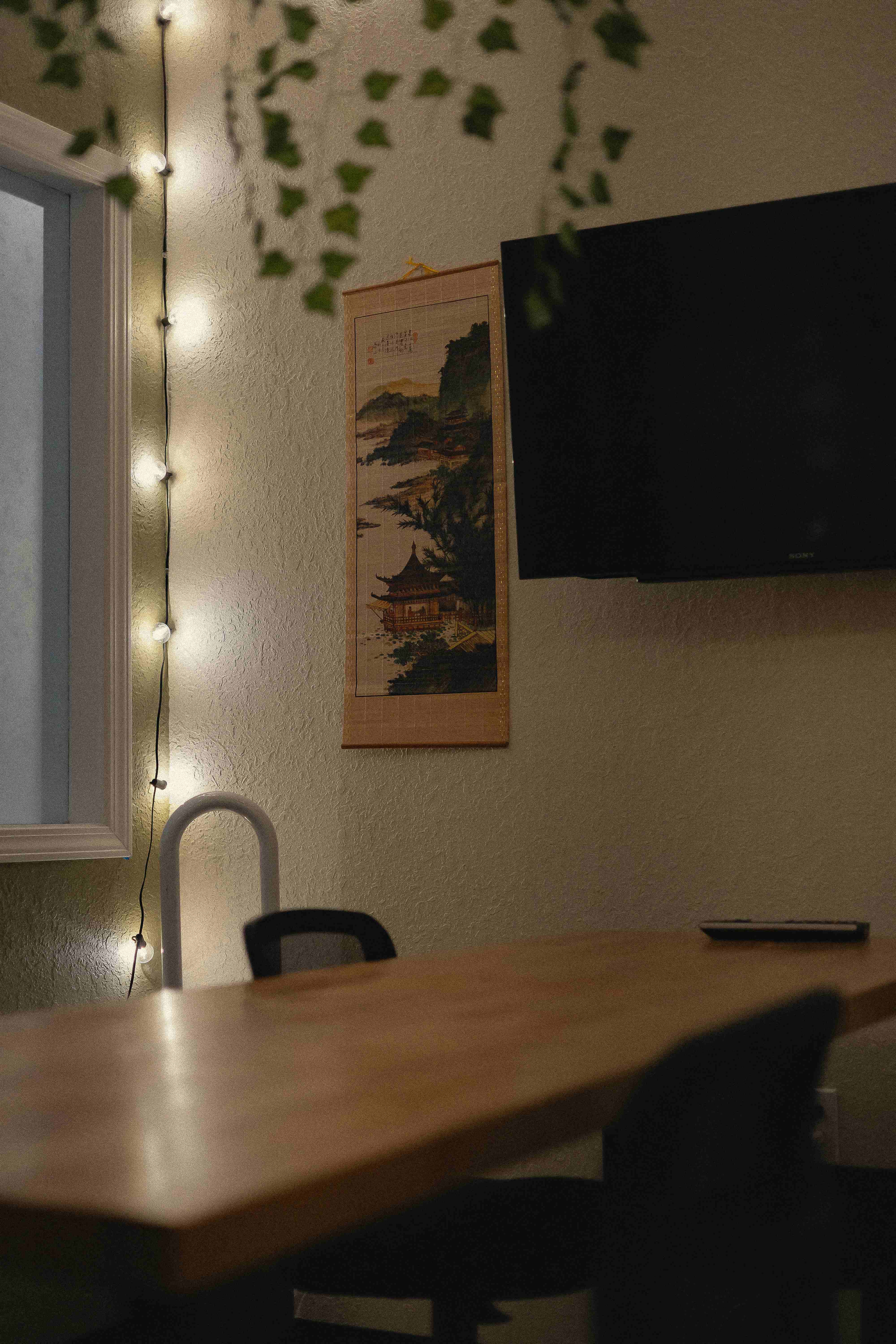 Villageco.work meeting room with TV and string lights